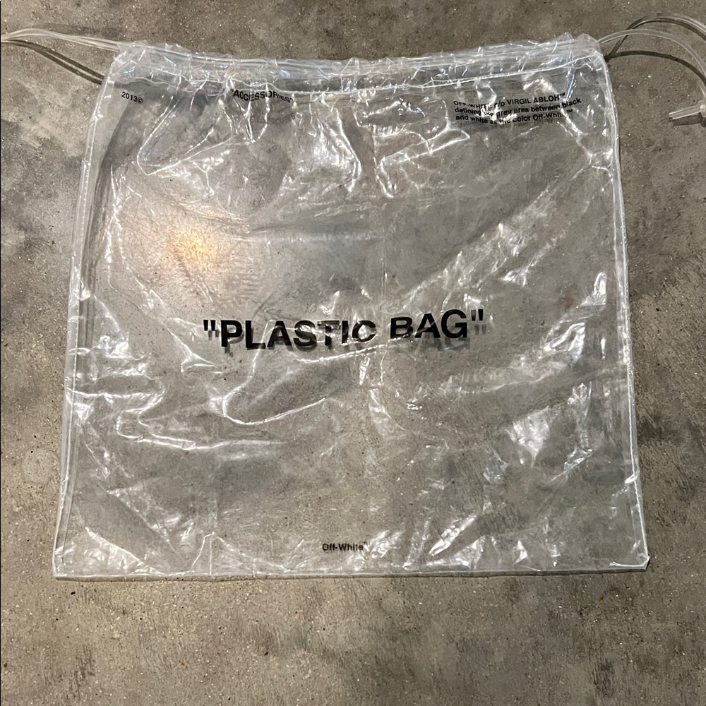 Authentic Off-White Transparent Tote with Black "PLASTIC BAG" Text